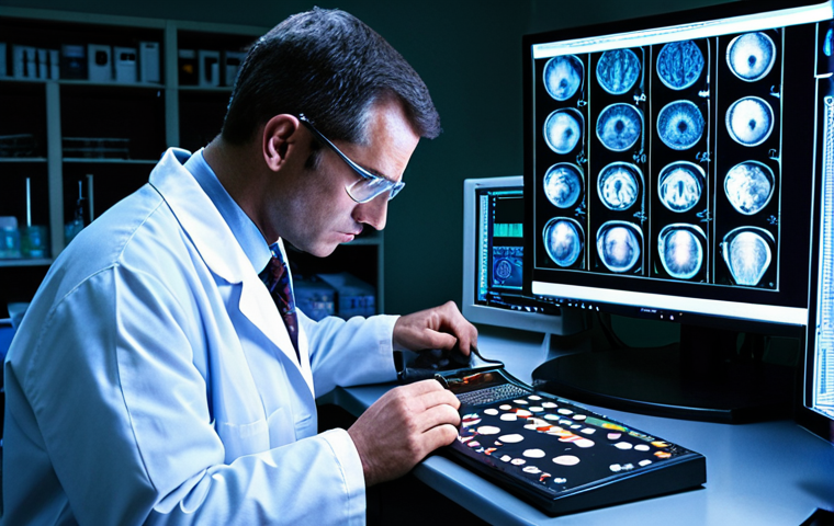 A medical laboratory scientist, intensely focused and precise, performing a critical diagnostic test late at night. The scene captures the high-stakes, urgent atmosphere of a hospital lab, with complex equipment, glowing screens displaying intricate data, and a sense of dedication to life-saving work. Emphasize the human element of "detective work" in diagnostics.